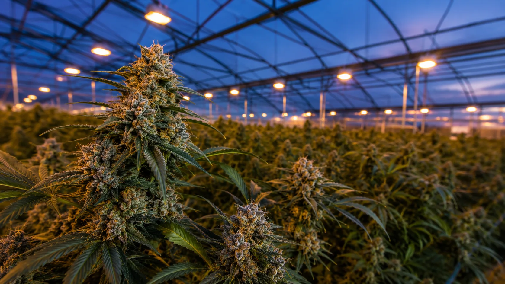 Light-assist greenhouse at dusk with supplemental lights over flowering plants