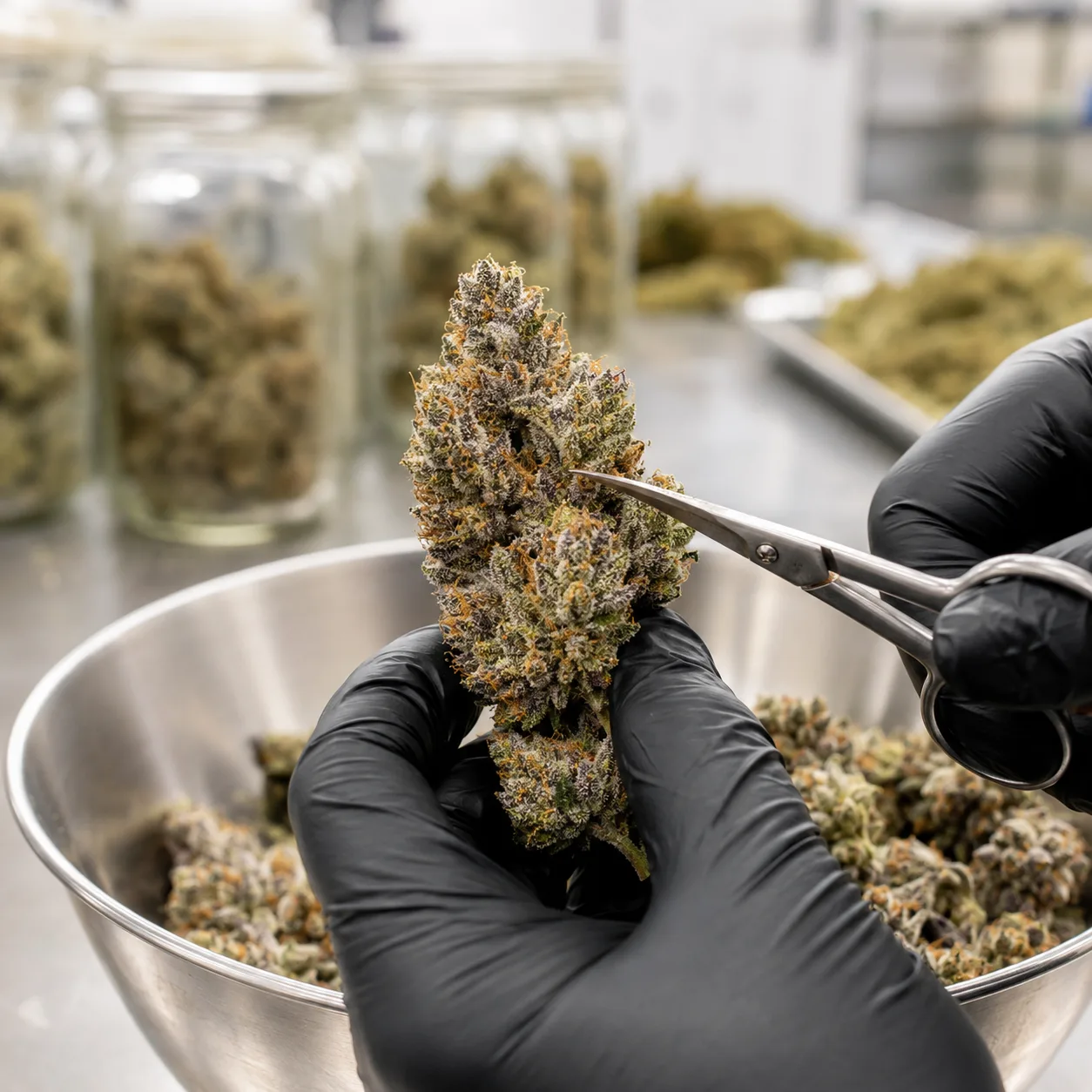 Gloved hands trimming a frosty bud over a steel bowl